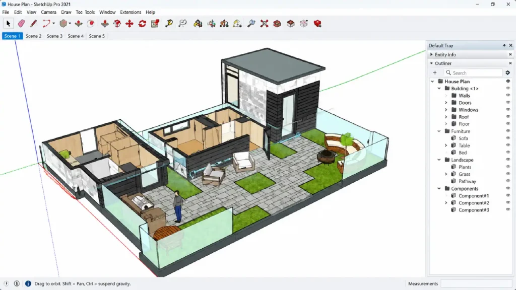 3D house plan created in SketchUp showing interior rooms, furniture, landscaped outdoor areas, and a modern two-level structure.