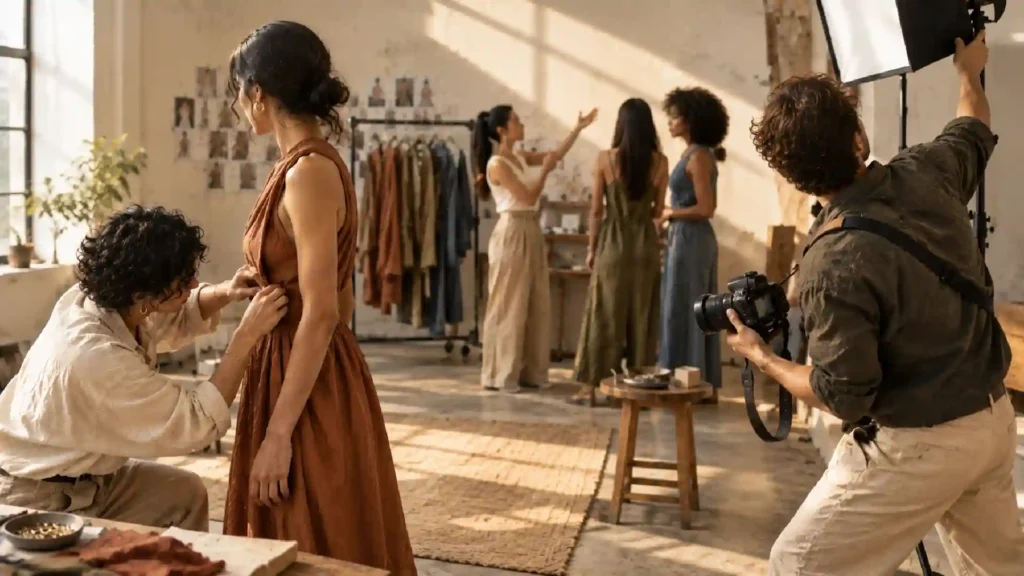 Fashion team adjusting a model’s dress while a photographer captures the photoshoot.