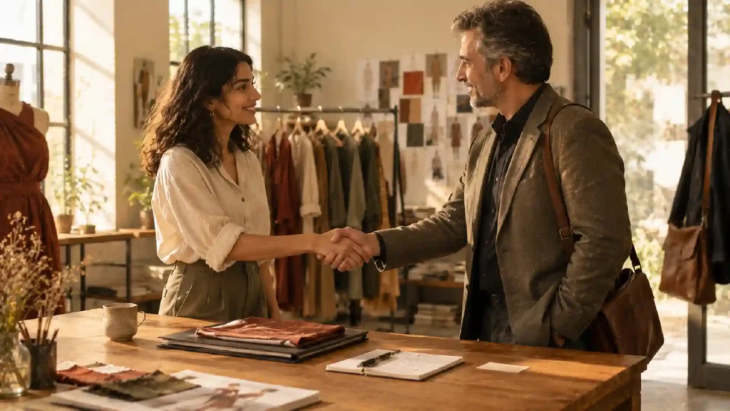 Creative professional shaking hands with a client in a fashion design studio.