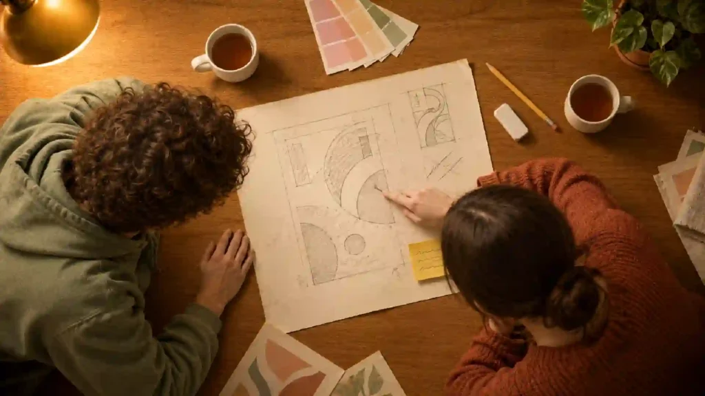 Two designers discussing a sketch on a desk.