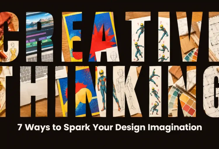 Creative thinking banner featuring design sketches and colourful artwork.