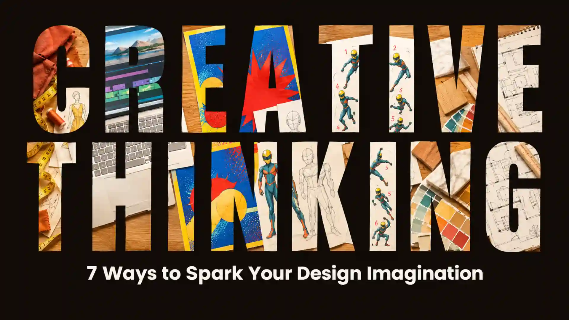 Creative thinking banner featuring design sketches and colourful artwork.