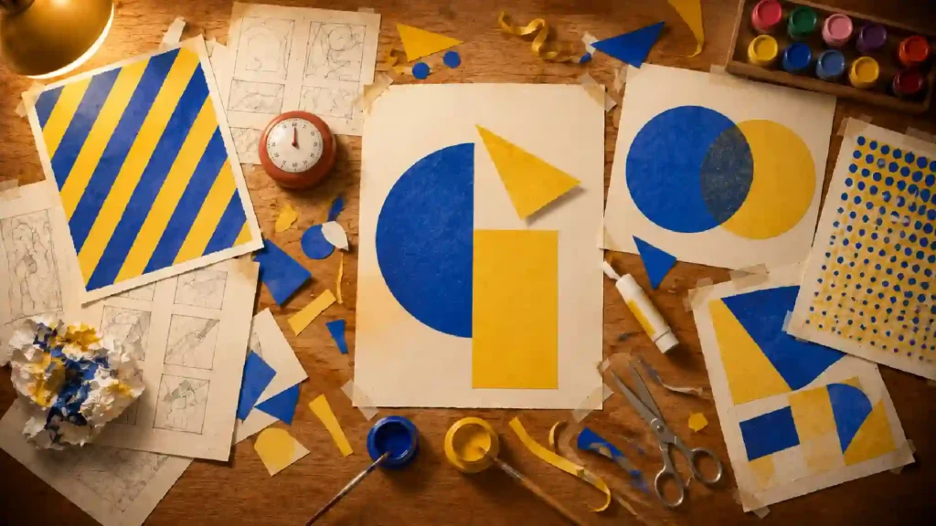 Geometric artwork with blue and yellow shapes on a desk.