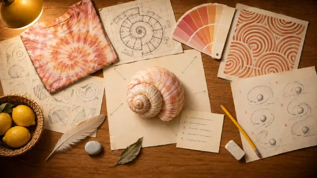 Seashell, colour swatches, and nature-inspired design sketches.