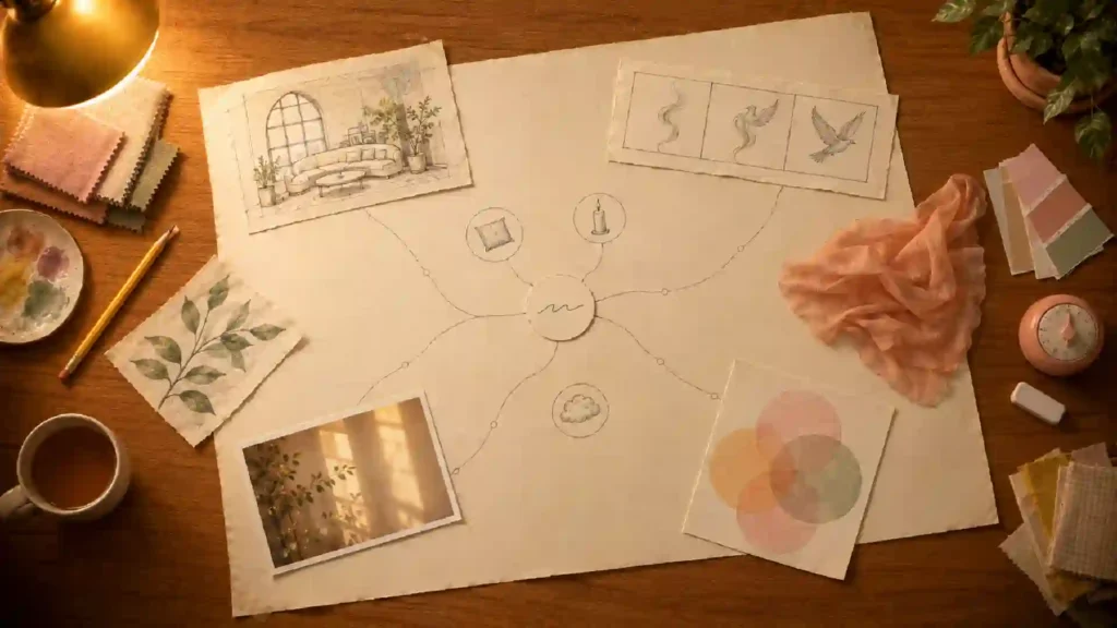 Mind map with nature sketches and design inspiration on a desk.