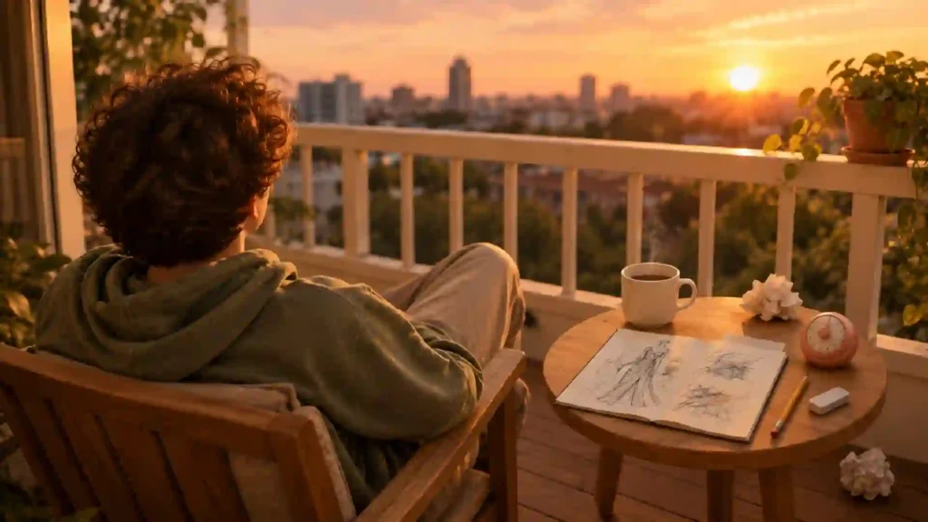 Designer relaxing on a balcony at sunset with a sketchbook.