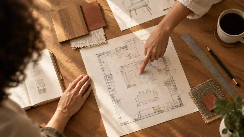 Interior designer reviewing a floor plan with material samples on a wooden workspace.