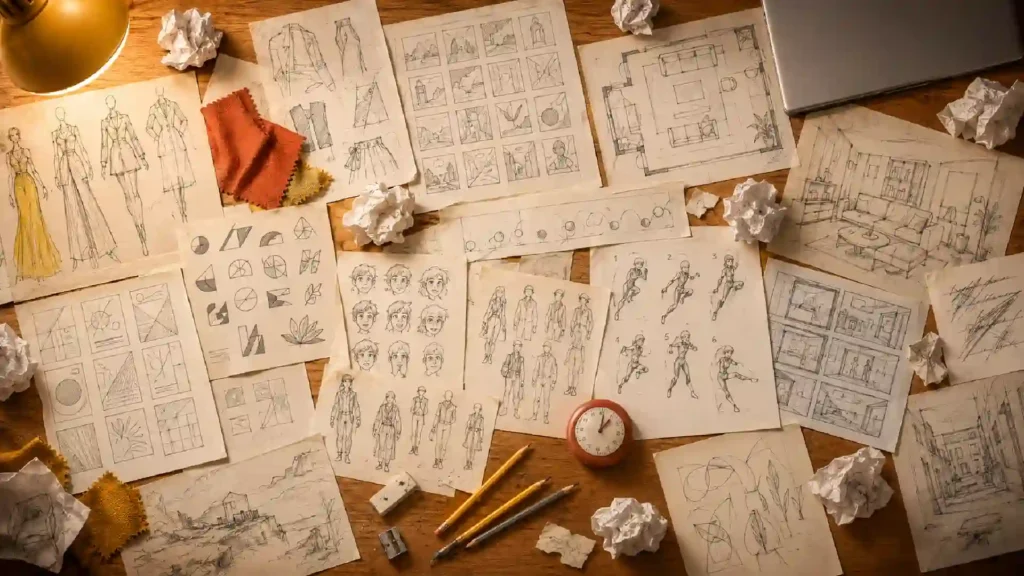 Design sketches and storyboards spread across a desk.