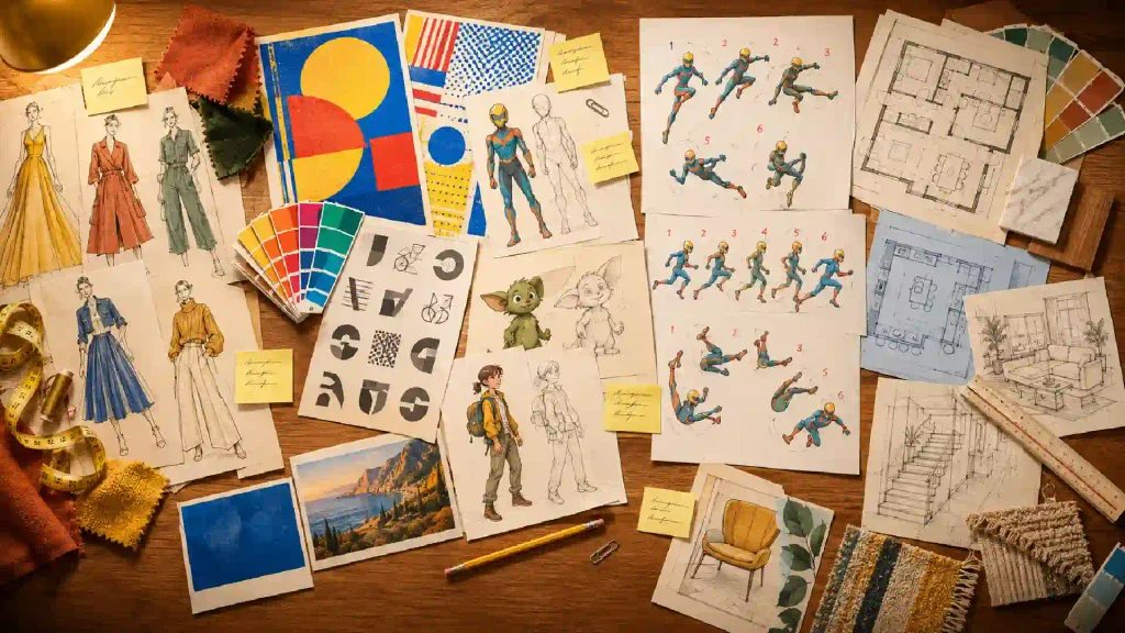 Creative design inspiration board with sketches and colour palettes.
