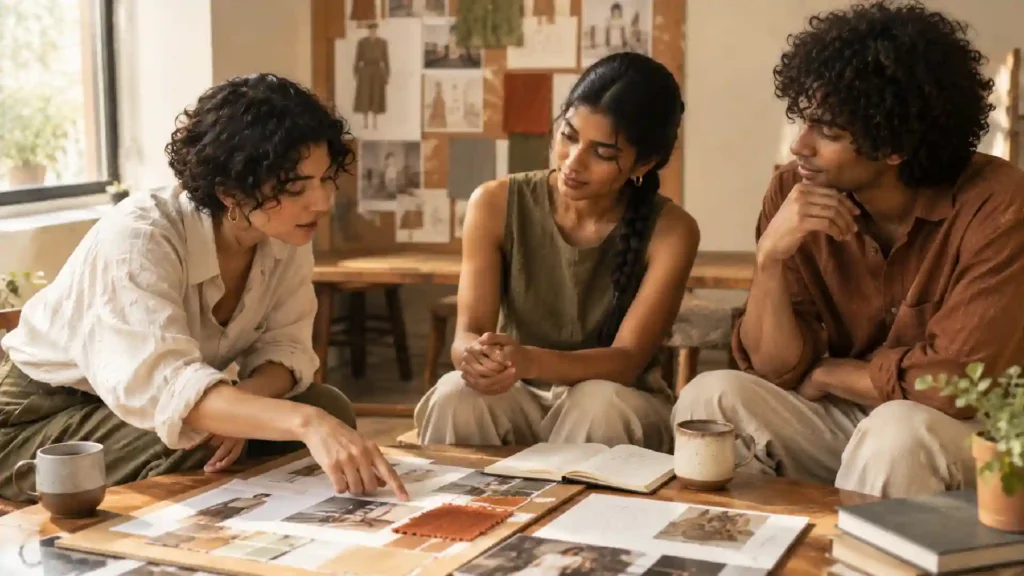 Three creative professionals discussing design ideas and reviewing project materials together.