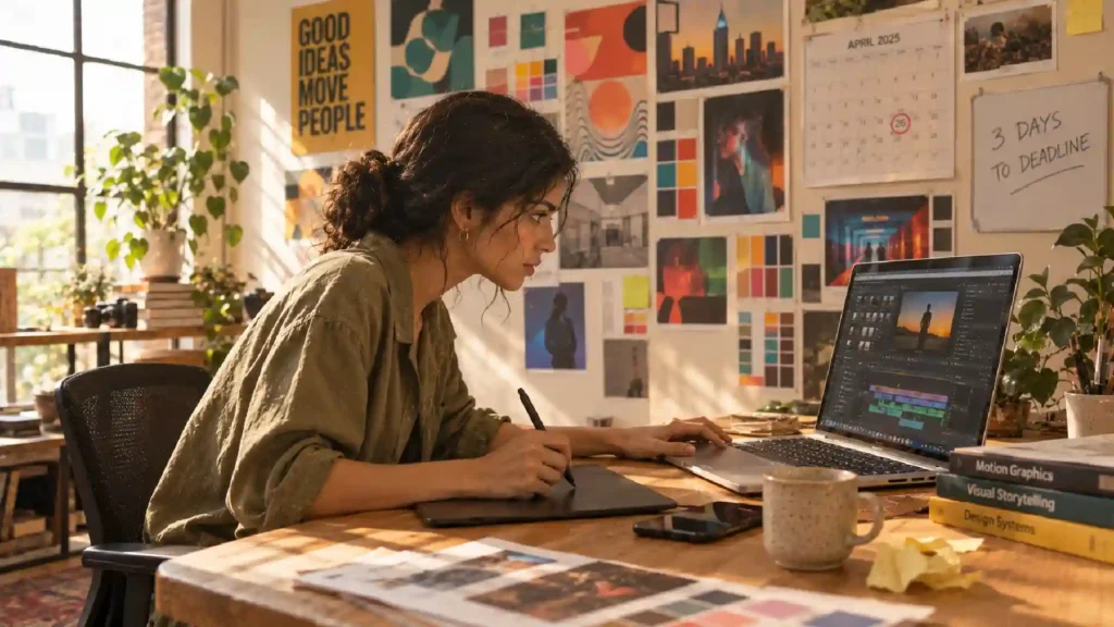 Creative professional managing a design project on a laptop while working with a deadline.