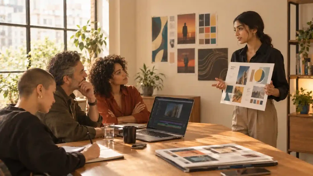 Creative team discussing visual design concepts during a collaborative presentation.